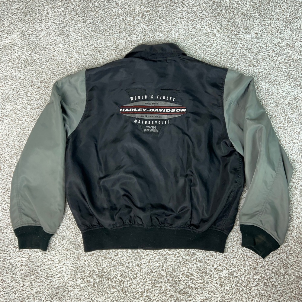 Harley Davidson Jacket Mens Large Black Grey Riding Biker Embroidered Nylon Zip